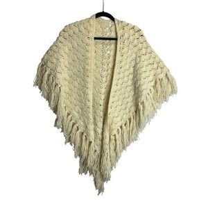 Handmade Crochet Poncho Tassel Fringe Wrap Shawl Festival Boho Cottagecore Retro